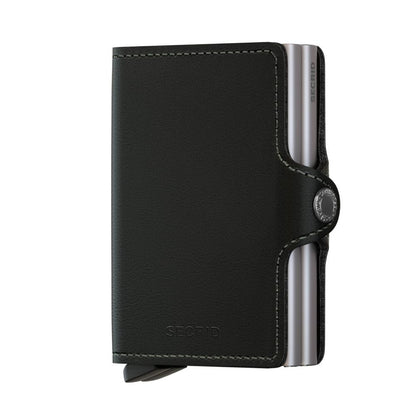Secrid Wallets Twinwallet showcasing a sleek black leather design with a unique lever for staggered card display, providing organized storage for up to 12 cards.