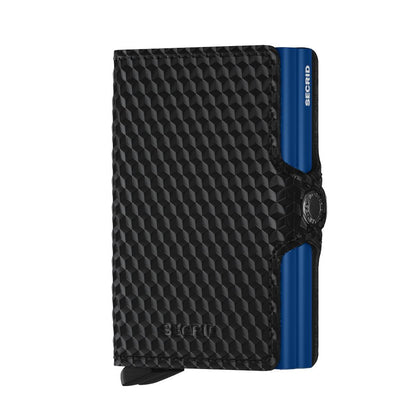 Secrid Wallets Twinwallet: Slim, black card-holder with blue aluminum card carrier, organizing 10-12 cards, cash, and business essentials with RFID protection.