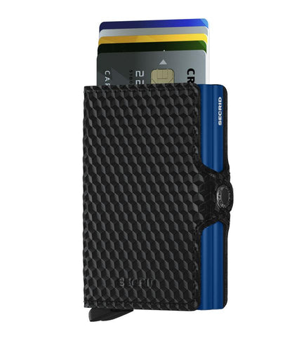 Secrid Wallets Twinwallet in black, showcasing a sleek cardprotector design with cards fanned out for easy access, featuring a side lever and RFID blocking.