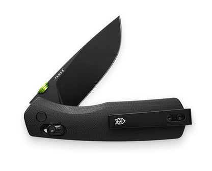James Carter folding pocket knife with a black-coated blade, textured handle, and green accent, featuring a thumb disc for easy one-handed use and deep carry clip.