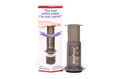 Aerobie AeroPress Coffee and Espresso Maker with packaging, showcasing its efficient design and included 350 micro-paper filters for smooth, grit-free coffee or espresso.