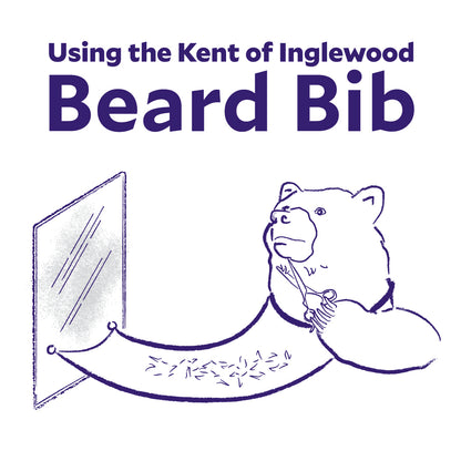 Bear trimming beard with a bib; Kent of Inglewood Beard Line Up Kit features tools for precise grooming, minimizing cleanup.