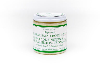 Clapham's Beeswax Salad Bowl Finish in a 7 oz jar, ideal for moisturizing and protecting wooden items like salad bowls and cutting boards with a natural beeswax and oil blend.