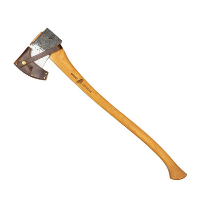 Brant & Cochran Allagash Cruiser: Forged steel axe with branded hickory handle and leather sheath, embodying traditional craftsmanship and durability, ideal for classic outdoor enthusiasts.