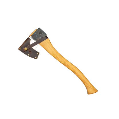 Brant & Cochran Dirigo Belt Axe with a wood handle and leather-sheathed metal head, ideal for camping and wood splitting, displayed on a neutral background.