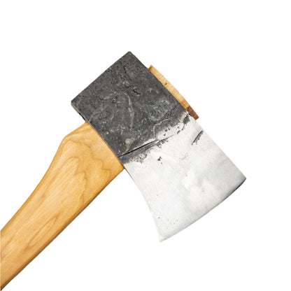 Brant & Cochran Dirigo Belt Axe with a polished steel blade and 17 hickory handle, perfect for camping and wood splitting, seen close-up.