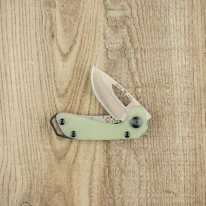 Buck Budgie Folding Knife on wood surface, blade partially open with BUCK USA etched. Pale green G10 handle, black screws visible. Compact, reliable EDC tool.