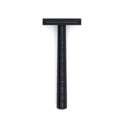 Henson Safety Razor Aluminum Jet Black with T-handle design, crafted for smooth shaving, suitable for both sensitive and tough skin with durable, easy-to-clean aluminum construction.