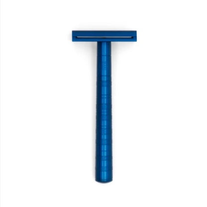Henson Safety Razor Aluminum Steel Blue with knurled handle, designed for smooth shaves. Ideal for sensitive or coarse skin, crafted from aircraft-grade aluminum.