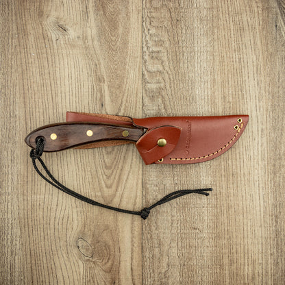 Grohmann #103 Short Blade Skinner in a brown leather sheath with dark stained rosewood handle, brass rivets, and lanyard, ideal for precise skinning tasks.