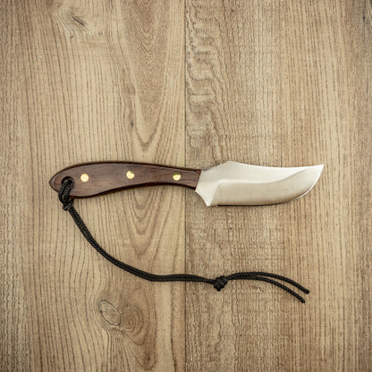 Grohmann #103 Short Blade Skinner with a polished steel blade, rosewood handle, brass pins, and a black lanyard, ideal for precise skinning tasks.