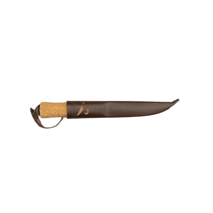 Helle Knives Hellefisk 123mm Fishing and Hunting Knife with a cork handle, in a brown leather sheath, ideal for filleting, skinning, and floats if dropped.