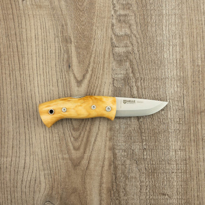 Helle Knives Kletten 55m Folding Knife with light wooden handle and stainless steel blade, designed for everyday carry and small adventures, displayed on a wooden surface.