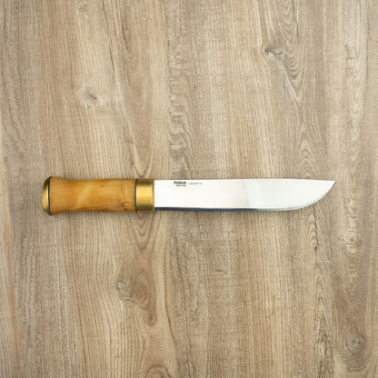 Helle Knives Lappland 214mm Hunting Knife with a polished steel blade and contoured wooden handle, resting on a wooden surface, showcasing craftsmanship.