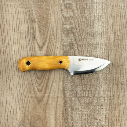 Helle Knives Mandra 70mm Neck Knife with wooden handle and stainless-steel blade, designed by Les Stroud, ideal for bushcraft and hunting.