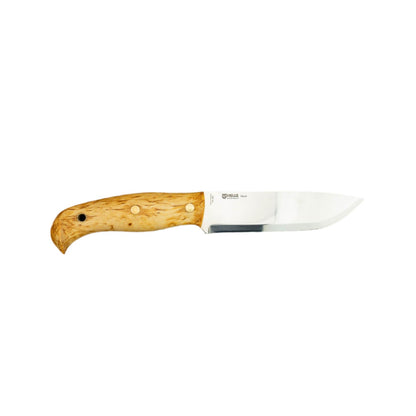 Helle Knives Nord fixed-blade knife with a robust stainless steel drop-point blade and a smooth wooden handle, embodying Scandinavian craftsmanship for survival and bushcraft tasks.