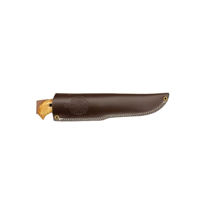 Helle Knives Nord: A robust fixed-blade knife in a dark brown leather sheath, showcasing Scandinavian craftsmanship for modern survival needs.