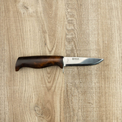 Helle Knives Speider 90mm Hunting Knife with polished blade and dark wooden handle, ideal for carving and secure carry in a leather sheath.