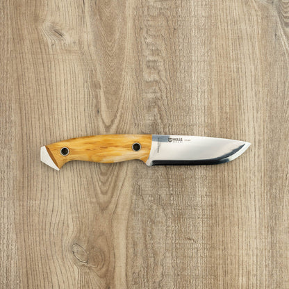 Helle Knives Utvaer 100mm Hunting Knife with polished blade and warm wood handle, ideal for tough tasks like field-dressing and kindling cutting.