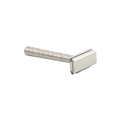 Henson Safety Razor Aircraft Aluminum showcasing a knurled handle and blade slot, designed for a smooth shave, ideal for sensitive or coarse skin.