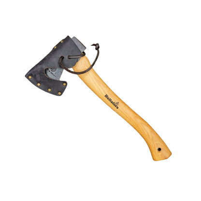 Hultafors Hultan Hatchet with a wood handle and leather-sheathed metal blade, ideal for versatile outdoor tasks, embodying Kent of Inglewood's ethos of quality and tradition.