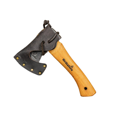 Hultafors Agelsjon Mini Hatchet with laminated wood handle and leather sheath, ideal for camping and hiking, showcasing craftsmanship and practicality for outdoor enthusiasts.