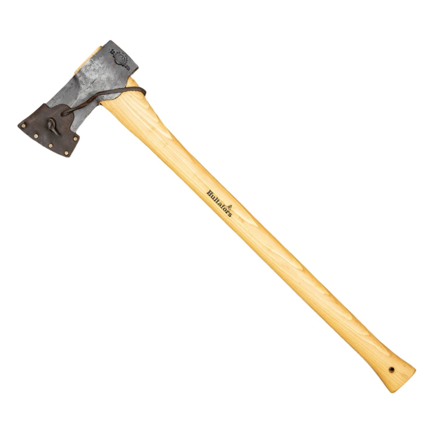 Hultafors Hult Splitting Axe with a long, curved American hickory handle and steel head, featuring a leather sheath over the sharpened blade.