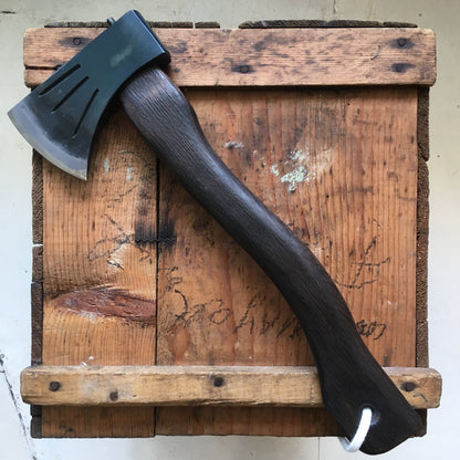 Mizuno Axe Hatchet: Small axe with dark-stained wooden handle and metal head, featuring decorative grooves; ideal for versatile tasks like limbing, chopping, and carving.