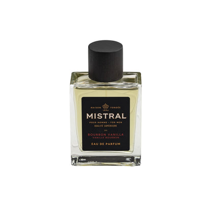 Bourbon Boss Bundle: Mistral Bourbon Vanilla eau de parfum for men in a sleek glass bottle with a dark wooden cap, featuring smooth bourbon and vanilla notes.