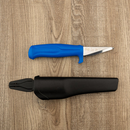 Mora Frosts Roeing & Bleeding Knife with a blue handle and black sheath on wood, designed for field dressing and skinning with a blunt tip for safety.