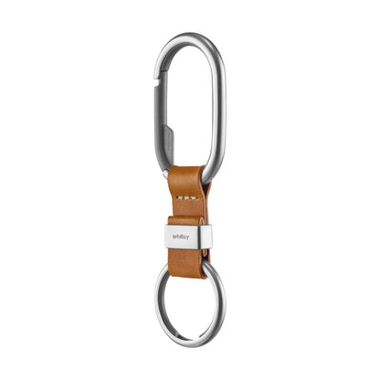 Orbitkey Clip with silver carabiner, tan leather strap, and key ring, designed for organizing essentials, aligning with Kent of Inglewood's commitment to quality and functionality.