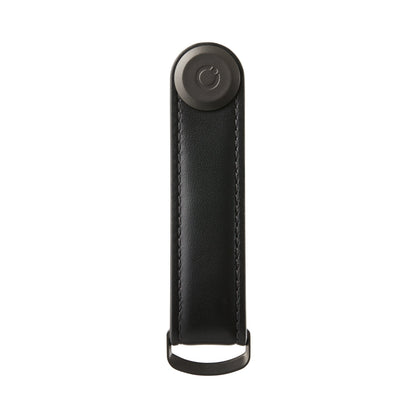 Orbitkey Leather Key Organizer with black leather strap, metal snap for tracker, and bottom metal loop for keys.