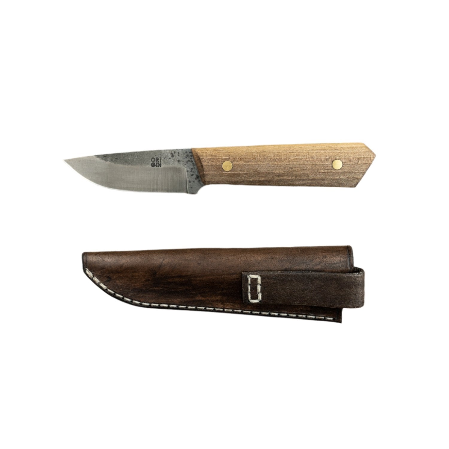 Origin Forester: A compact 3 field knife with a straight steel blade and wooden handle, ideal for bushcraft and outdoor activities, paired with a brown leather sheath.
