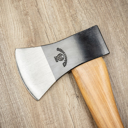 Ox-Head 1.75 Lb Axe with C60 steel head and polished edge on American hickory handle, ideal for versatile outdoor and backyard use.