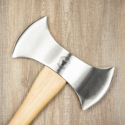 Ox-Head 28 3lb Double Bit Throwing Axe with polished steel head and straight wooden handle, ideal for competitive lumberjack events.