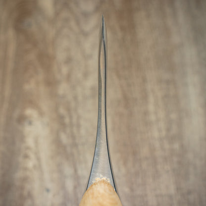 Ox-Head 28 3lb Double Bit Throwing Axe with American hickory handle, C60 tool steel blade, resting tip-down on a wooden surface.