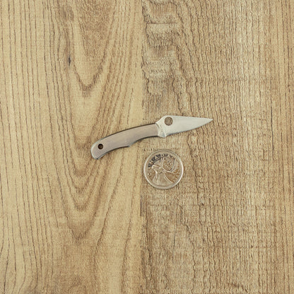 Spyderco Bug Stainless Pocket Knife displayed beside a Canadian 25¢ coin, highlighting its compact size and signature round thumb-hole for easy one-handed use.