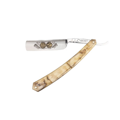 Thiers Issard Straight Razor with gold medallions and inscriptions, featuring a polished carbon-steel blade and ram's horn handle. Classic design, ideal for heirloom use.
