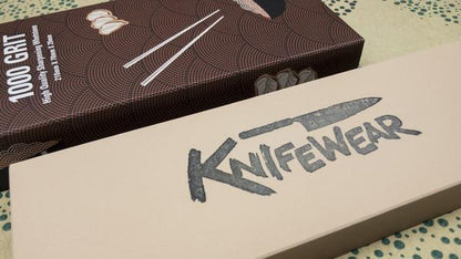 Knifewear 1,000 Grit Sharpening Stone with branded box, ideal for refining knife edges, offering quality performance and durability for sharpening enthusiasts.